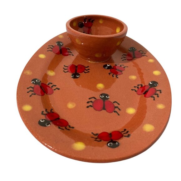 Lady Bug Art Pottery Luncheon Plate Chip And Dip Signed - Picture 2 of 10